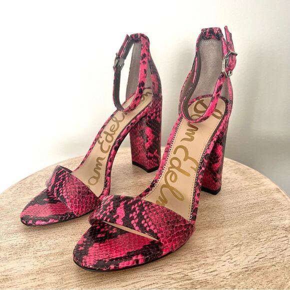 Sam Edelman Yaro Hot Pink Python Snake Block Heel Open Toe Sandals Sz 7 NWOB - Picture 4 of 12
